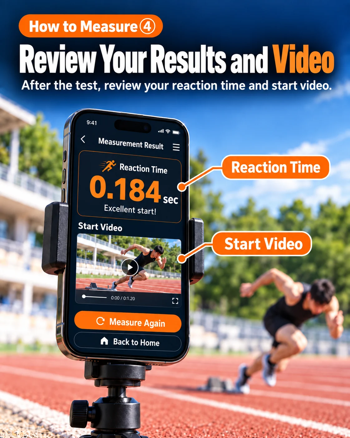 Reaction time test step 4: review your reaction time result and start video
