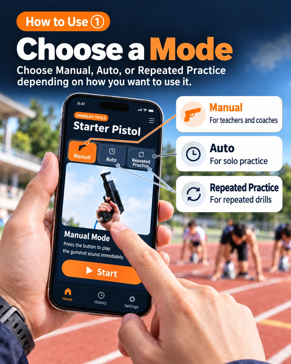 Starter Pistol how-to step 1: choose Manual, Auto, or Repeated Practice mode