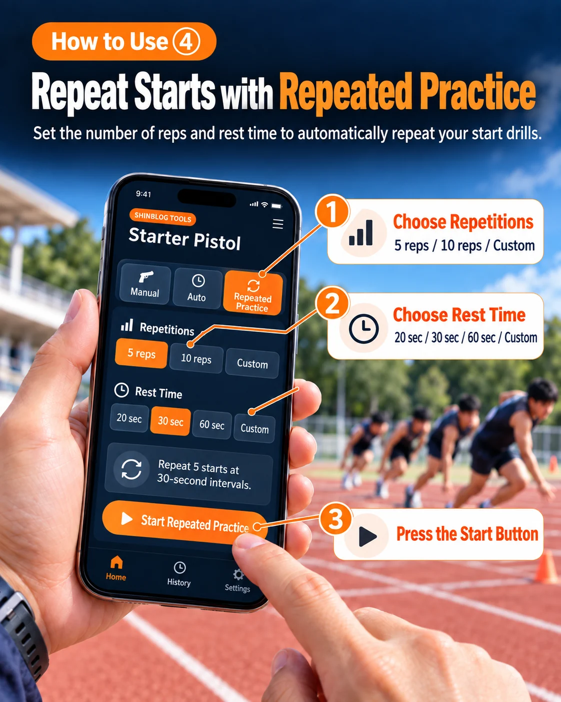 Starter Pistol how-to step 4: set repetitions and rest time for Repeated Practice